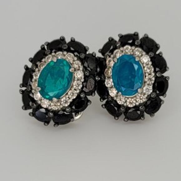 Genuine Untreated Paraiba Blue Opal Black Spinel White Zircon Earrings - Picture 3 of 16